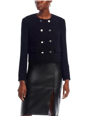 New BOSS Jesetta Black Bouclé Double-Breasted Pea Coat with Silver Buttons